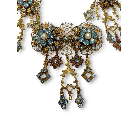 Vintage Filigree Dangle Brooch Earrings Set Blue Rhinestones Pierced - Picture 2 of 8